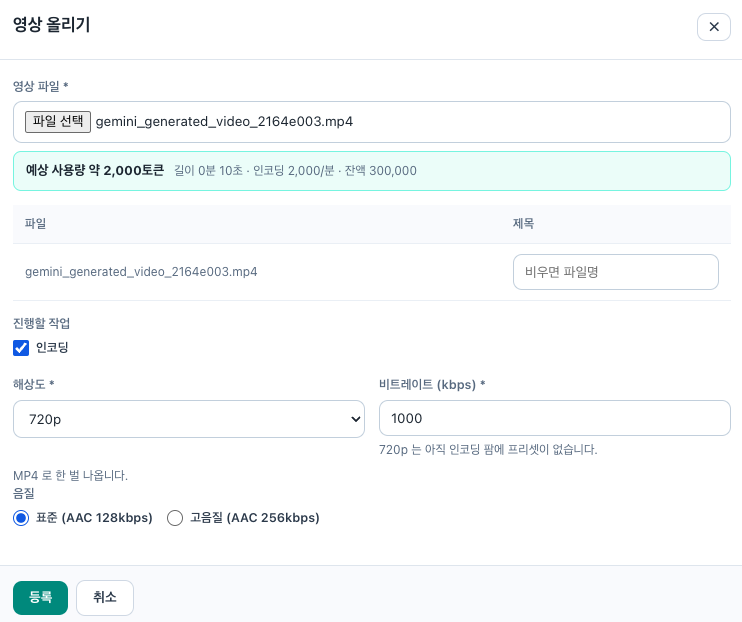 인코딩 — 해상도·비트레이트·음질을 고르는 인코딩 설정 화면