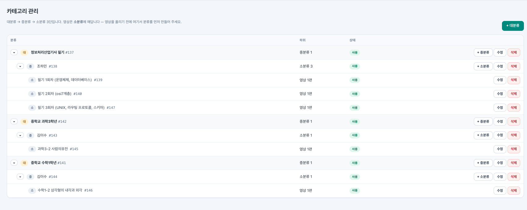 대 › 중 › 소 3단 분류 (데모=학원 예시)